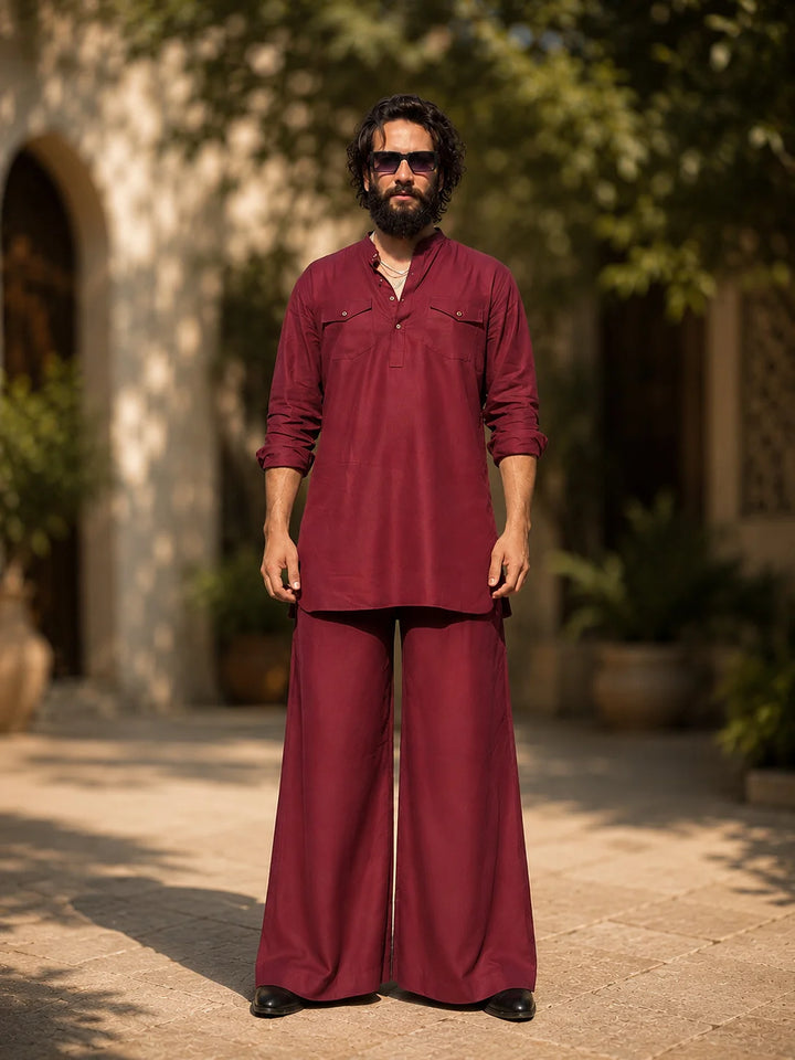 Men's Maroon Rayon Solid Pathani Set