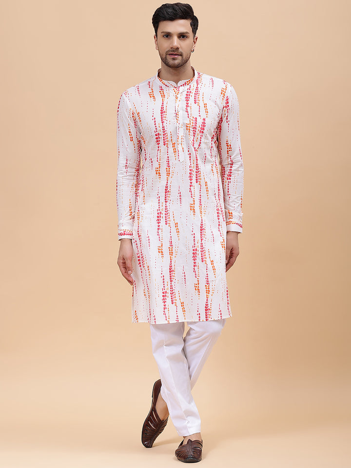 Men White & Pink Pure Cotton Printed Staright Kurta