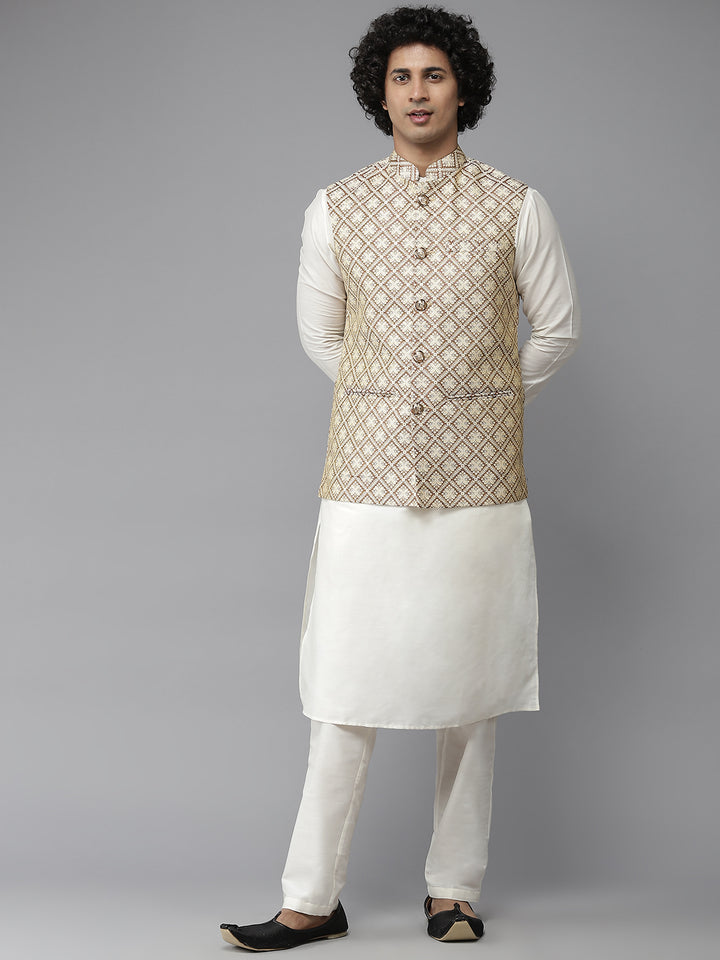 Men Gold & White Woven Jacquard Nehru jacket