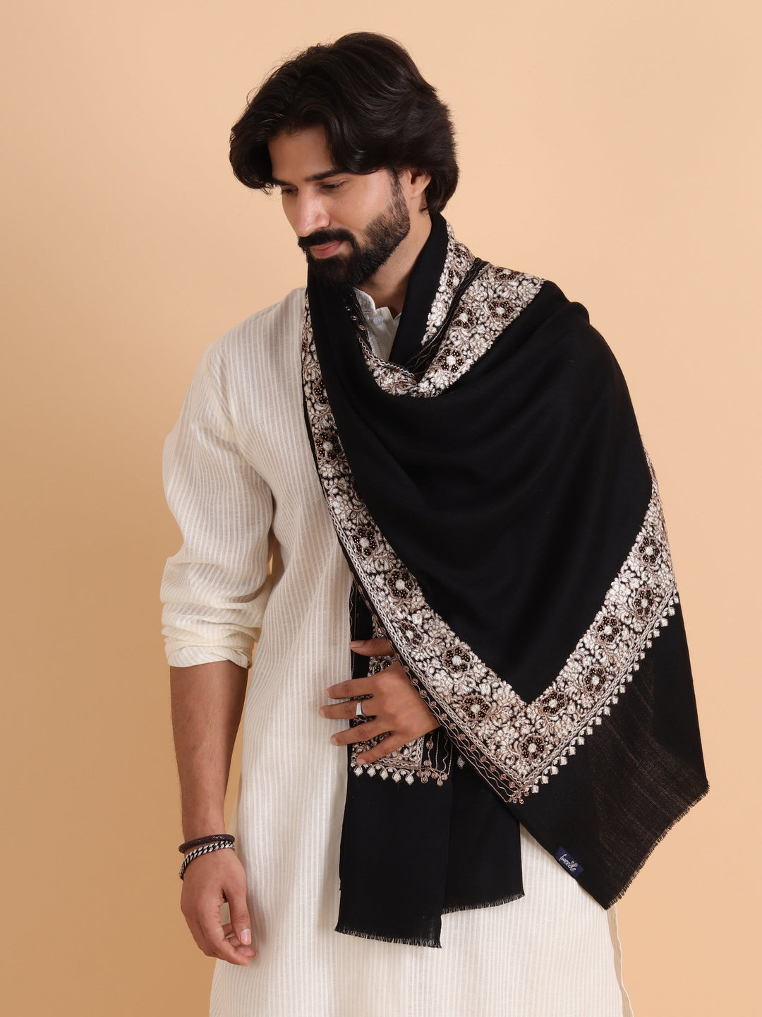 Tweedle Fine Wool Aari Embroidery Stole / Scarf for Men, Border Design with Stone Work - Black