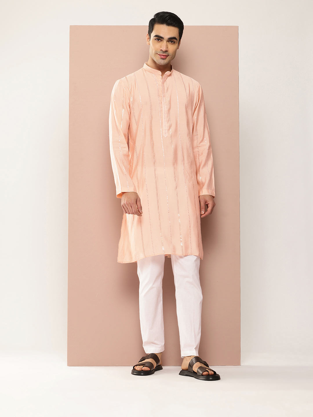 Men’s Light Pink Chanderi Silk Kurta with Embroidery and Sequins, Paired with Pyjama