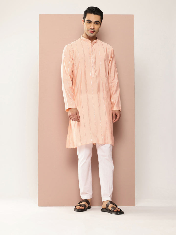 Men’s Light Pink Chanderi Silk Kurta with Embroidery and Sequins, Paired with Pyjama