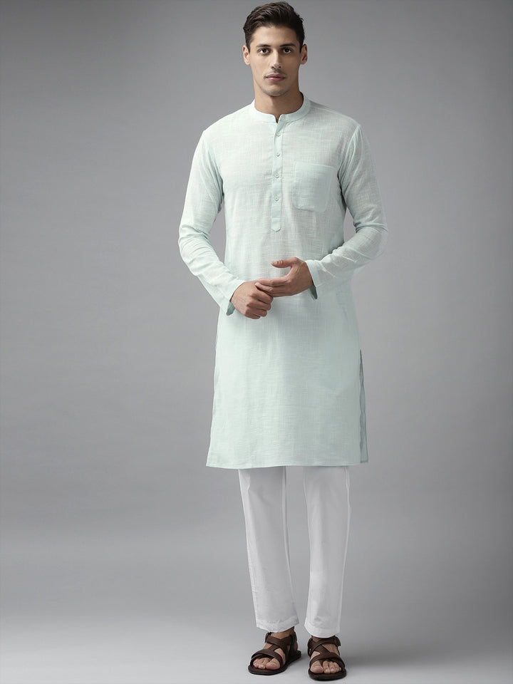 Men Sky Blue Cotton Slub Straight Kurta with Pyjama