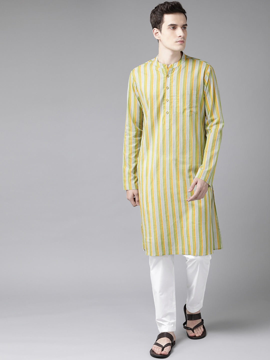 Men Yellow And White Printed Straight Kurta With Pyjama