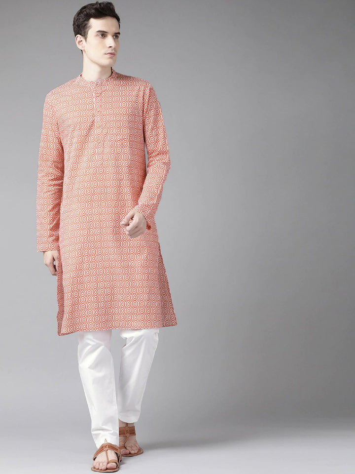 Men Peach & White Printed Straight Kurta With Pyjama
