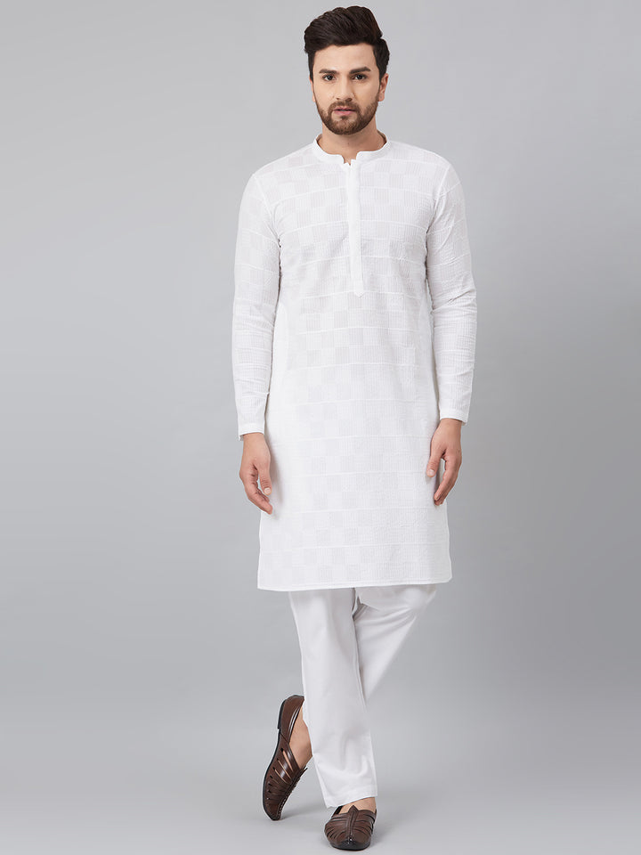 White Green Chikankari Embroidered Woven Design Straight Kurta With Pyjama