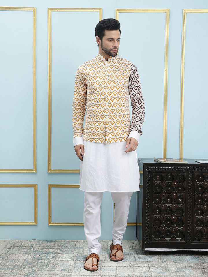 Printed Pure Cotton Straight Kurta & Pyjama with Printed Nehru Jacket