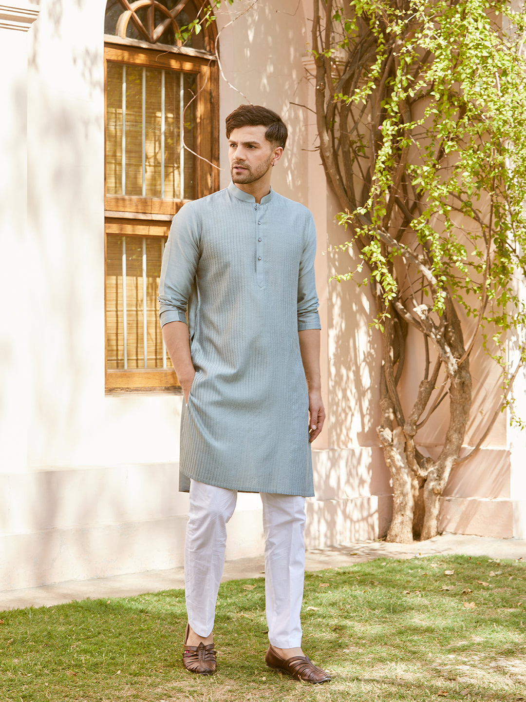 Pintuck Cotton Silk Straight Kurta with Pyjama