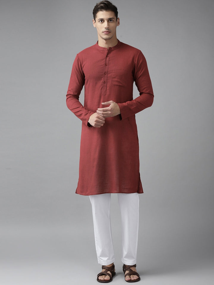Men Maroon Cotton  Straight Kurta with Slub Effect