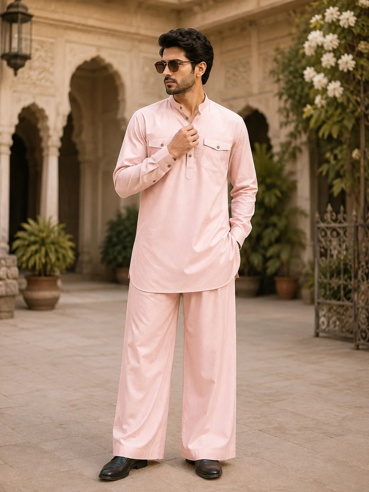 Men's Pink Rayon Solid Pathani Set