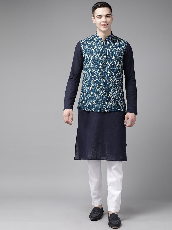 Men Blue And Beige Printed Pure Cotton Kurta Pajama With Neharu jacket