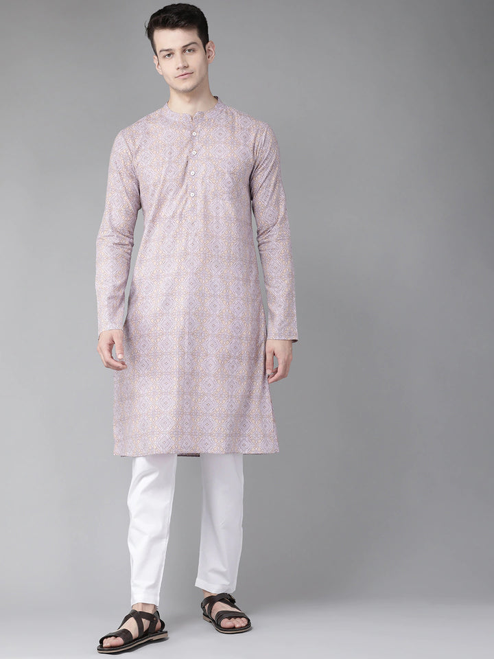 Men Peach And Gold Printed Straight Kurta
