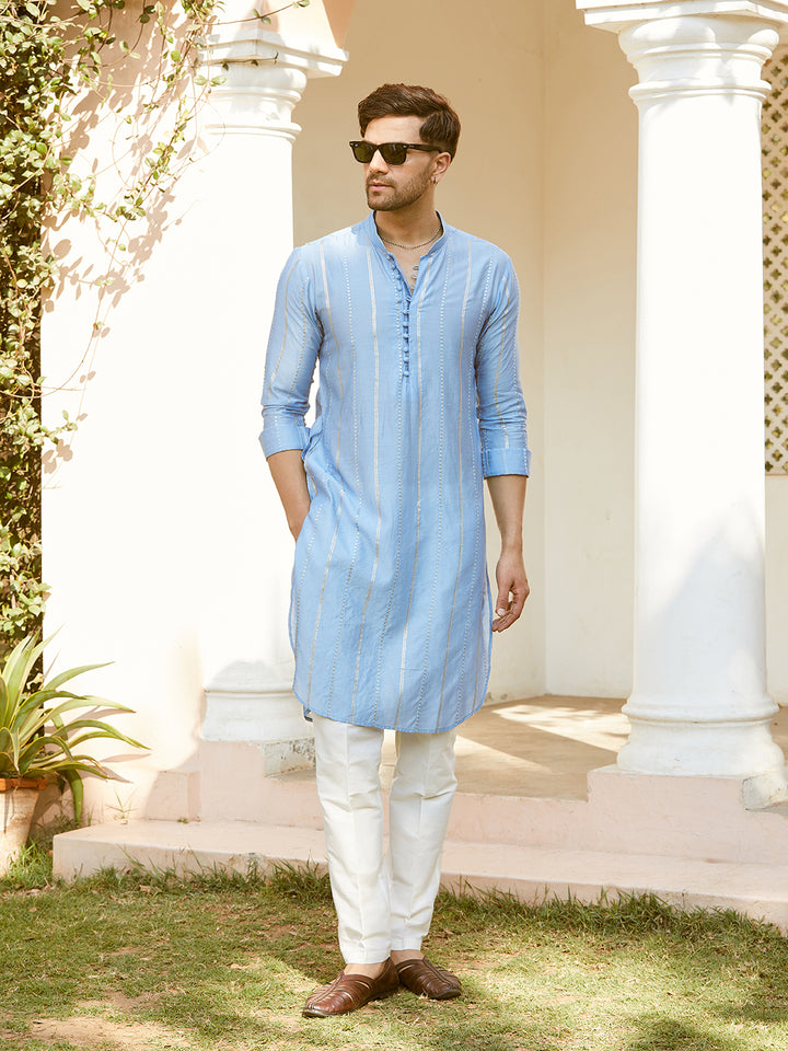 Sequins Embroidered Pure Chanderi Silk Straight Kurta with Pyjama