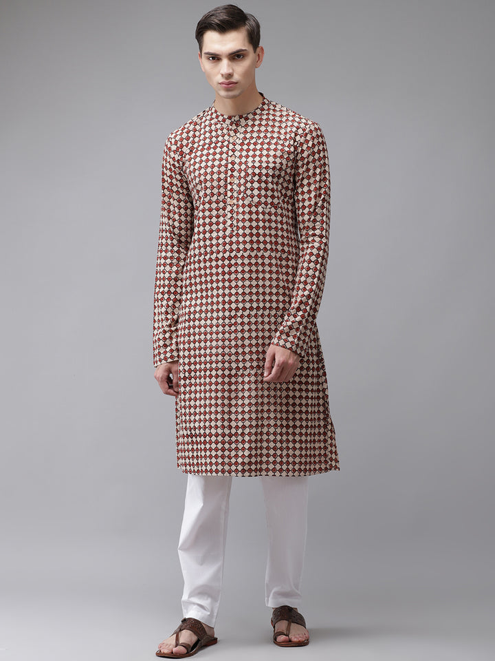 Men Beige And Maroon Hand Block Print Sustainable Straight With Kurta Pyjama