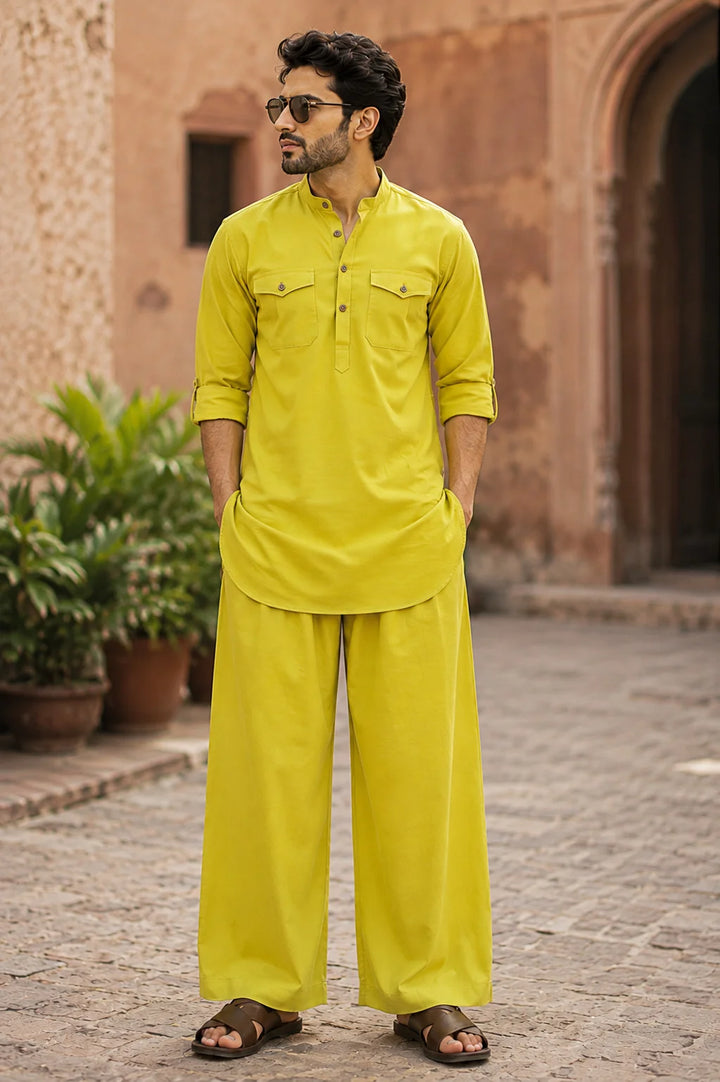 Men's Lime Green Rayon Solid Pathani Set