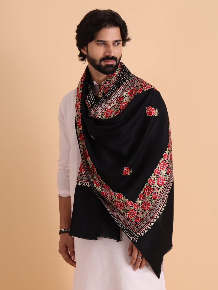 Tweedle Fine Wool Kashmiri Embroidery Stole / Scarf for Men, Black (Size-28x80)