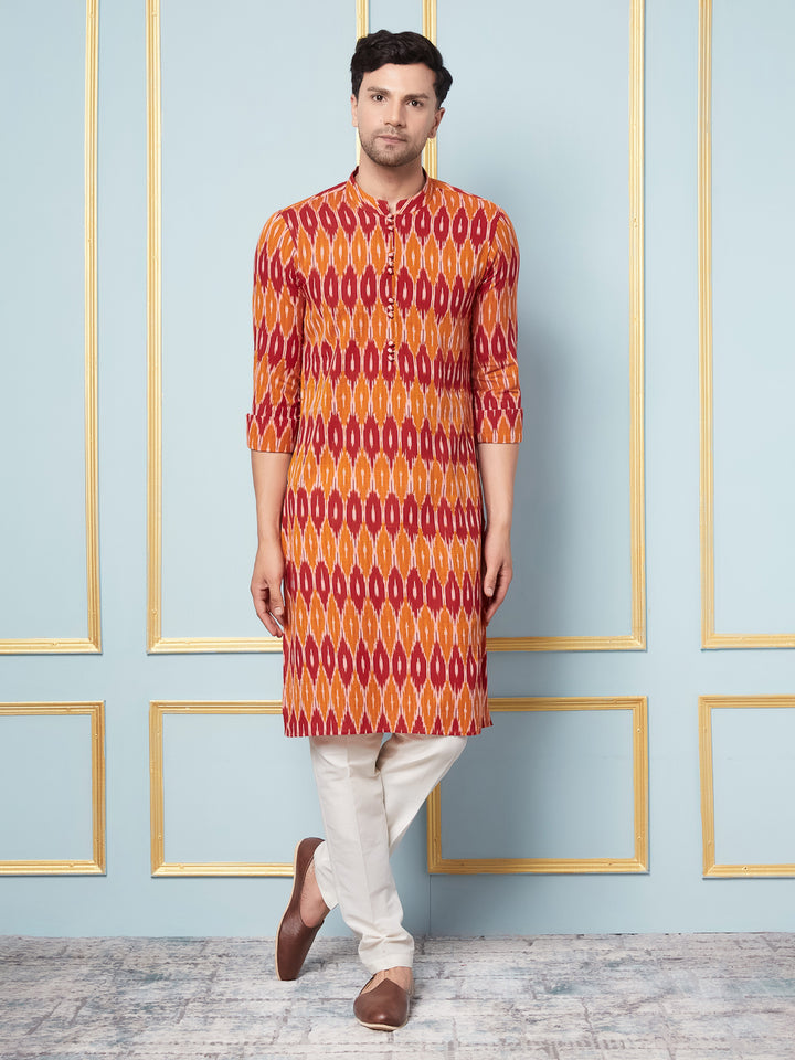 Orange Ikat Printed Kurta With Pyjama
