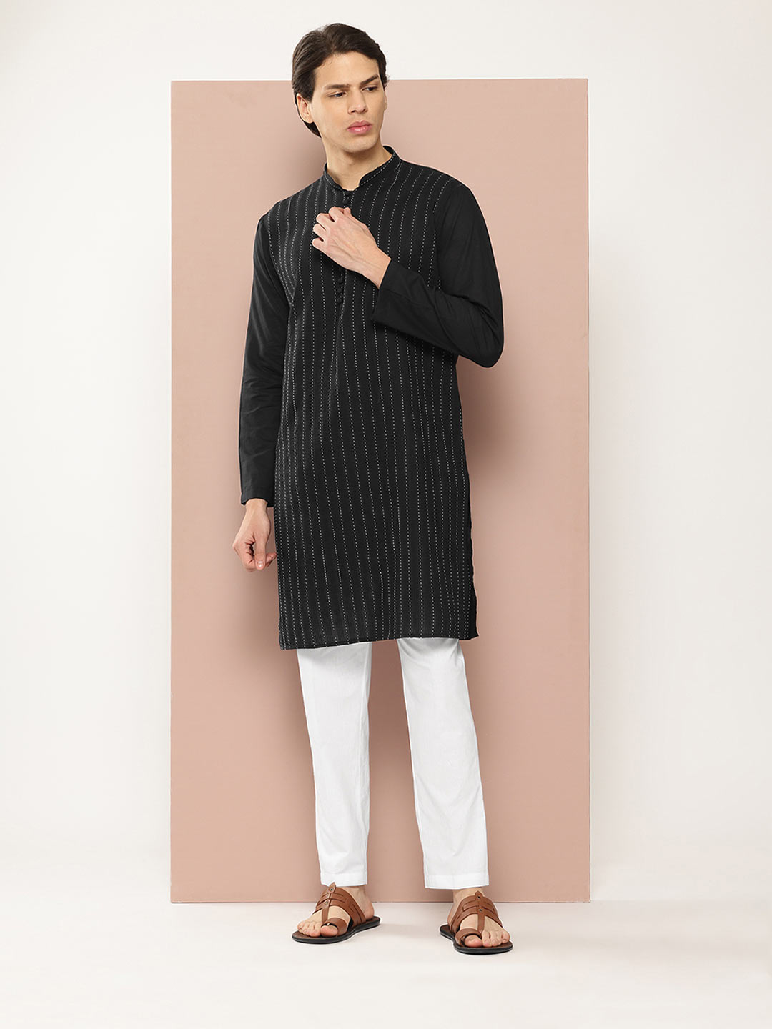 Men's Black Threadwork Embellished Pure Cotton Straight Kurta