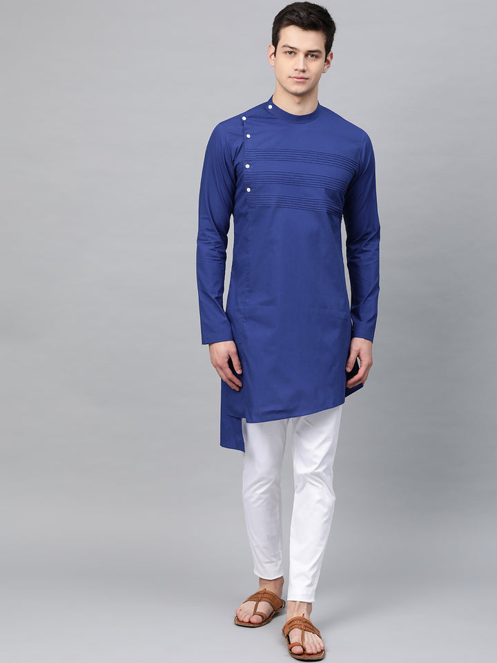 Royal Blue Solid Straight Kurta With Yoke Thread Work With Kurta Pyjama