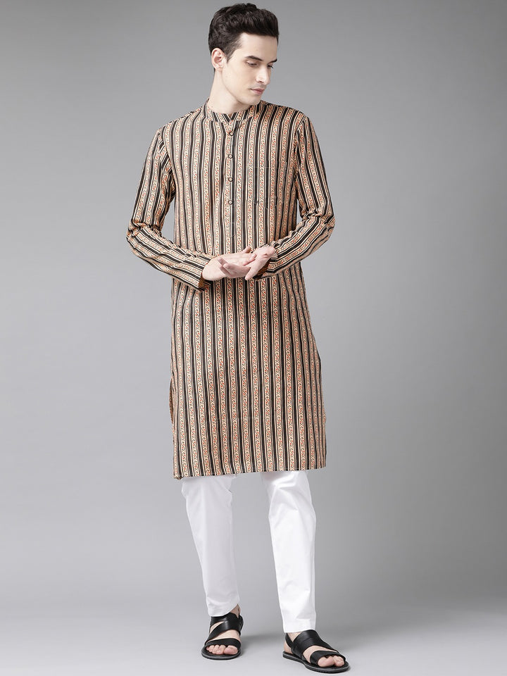 Men Beige And Black Printed Straight Kurta