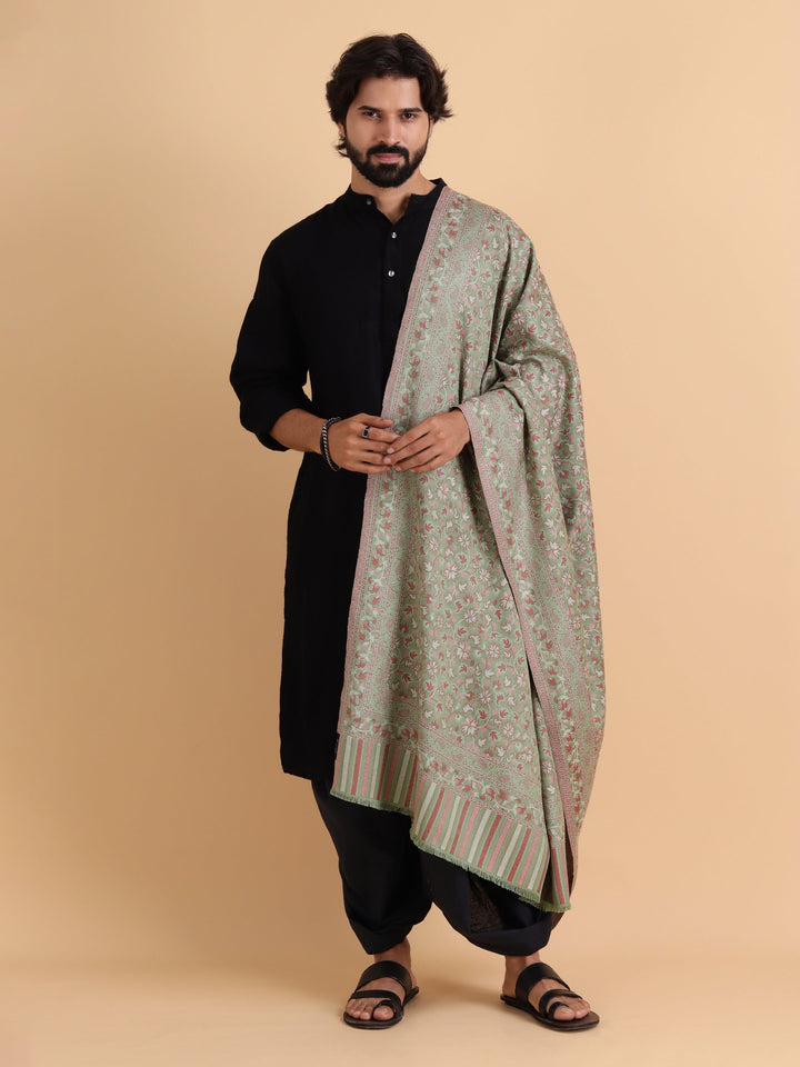 Tweedle Men’s Traditional Kani Shawl for Winters - Olive Green, Size - 40 x 80 inches