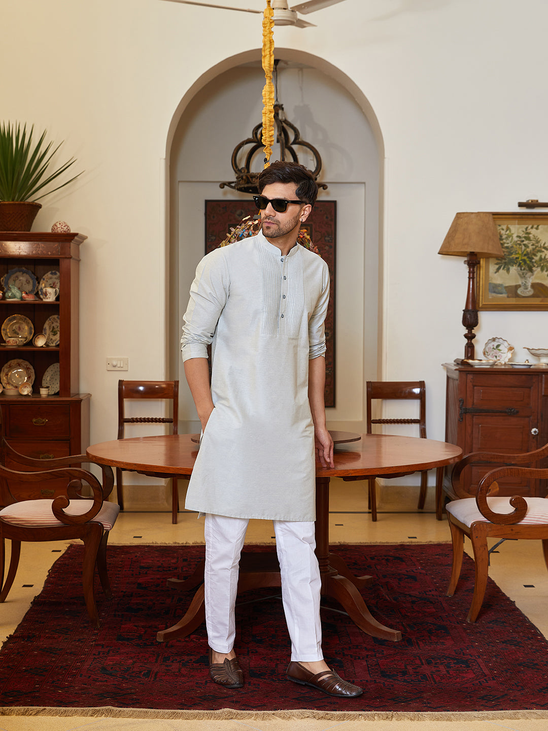 Pintuck Yoke Cotton Silk Straight Kurta with Pyjama