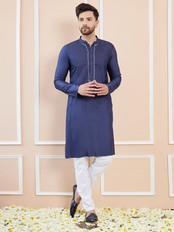 Blue Cotton Solid Straight Kurta with Embroidered Neckline and Pyjama – Blue