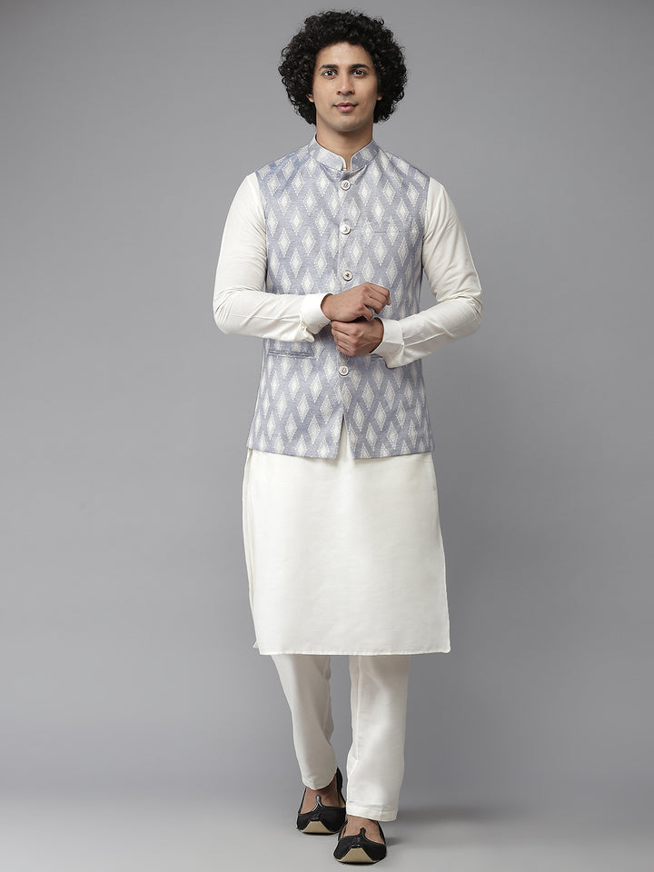 Men Sky Blue & White Solid Kurta Pyjama With Nehru jacket