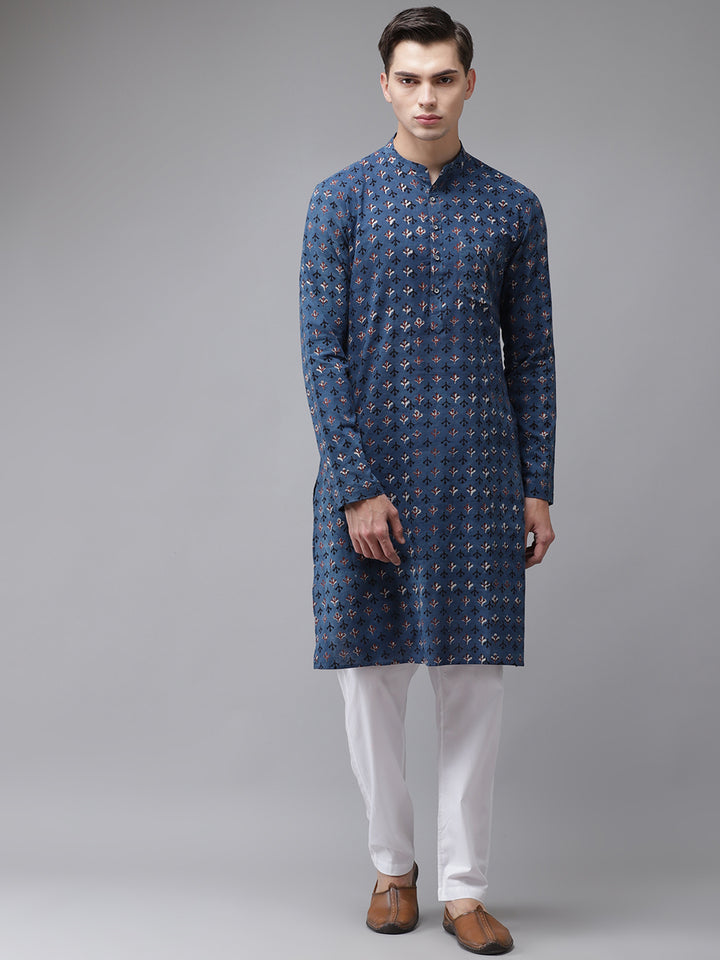 Men Blue And Maroon Hand Block Print Sustainable Straight With Kurta Pyjama