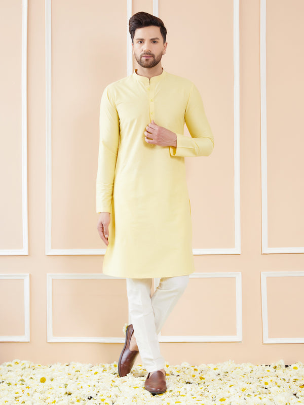 Yellow Cotton Solid Straight Kurta with Pyjama – Yellow