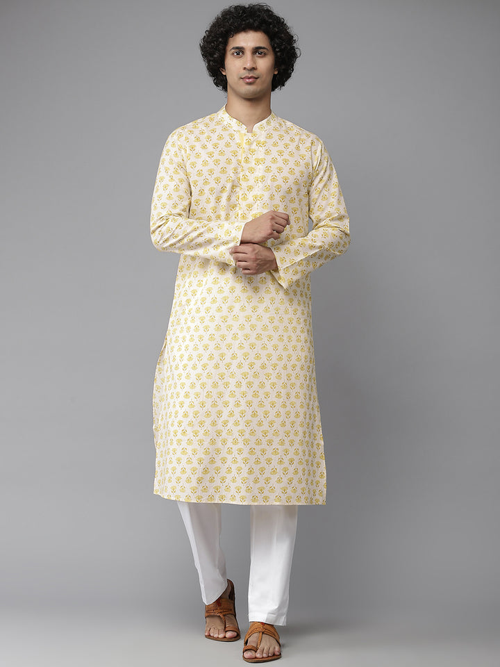 Men Yellow And White Floral Printed Kurta With Pyjama