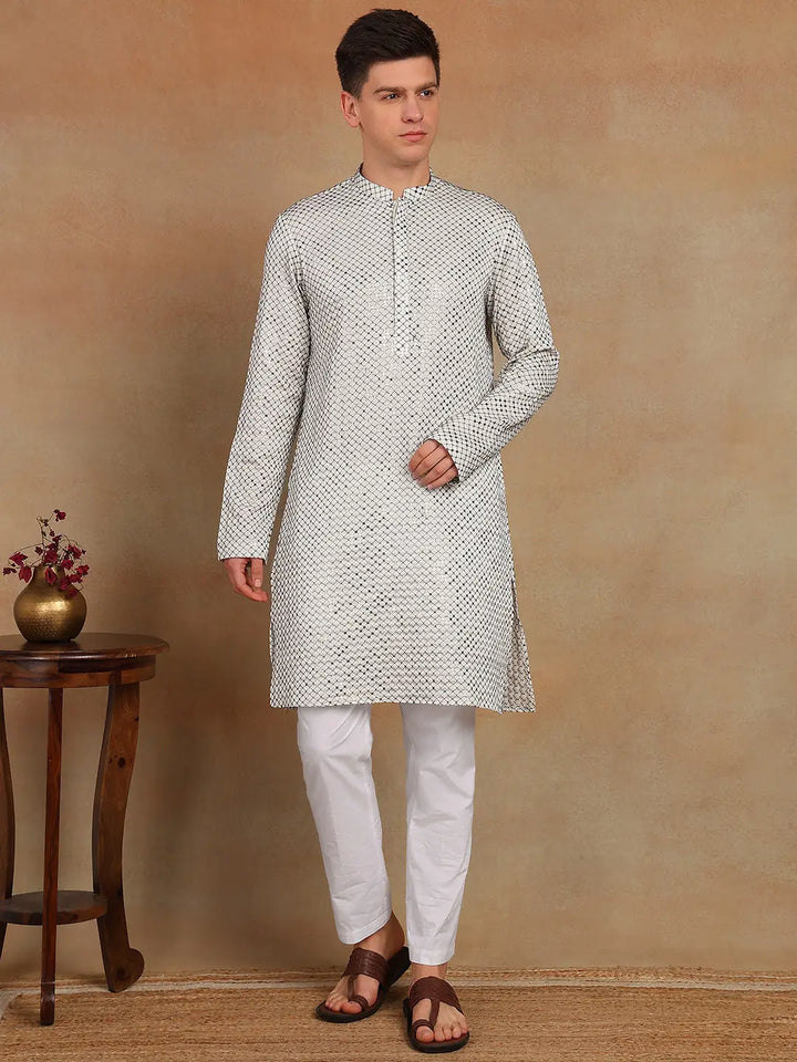 Men White Sequins Embroidered Straight Kurta with Pyjama – White