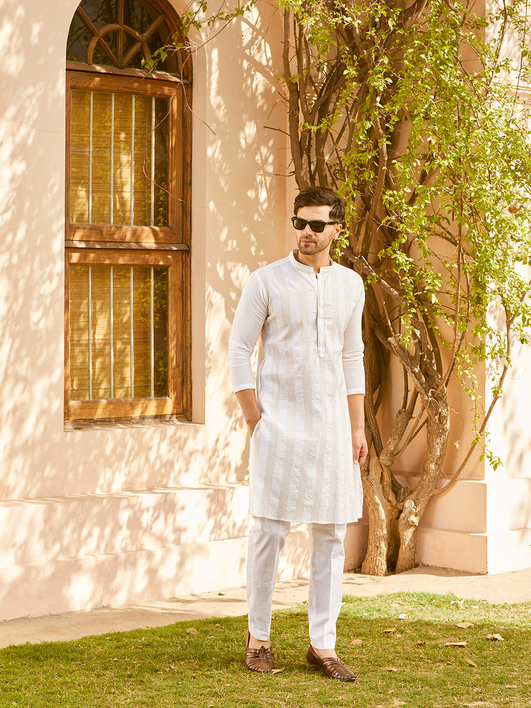 Pintuck with Thread work Pure Cotton Straight Kurta with Pyjama