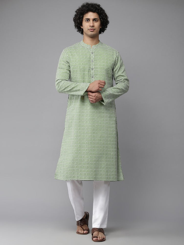Men Green-Coloured And White Printed Pure Cotton Straight Kurta With Pyjama