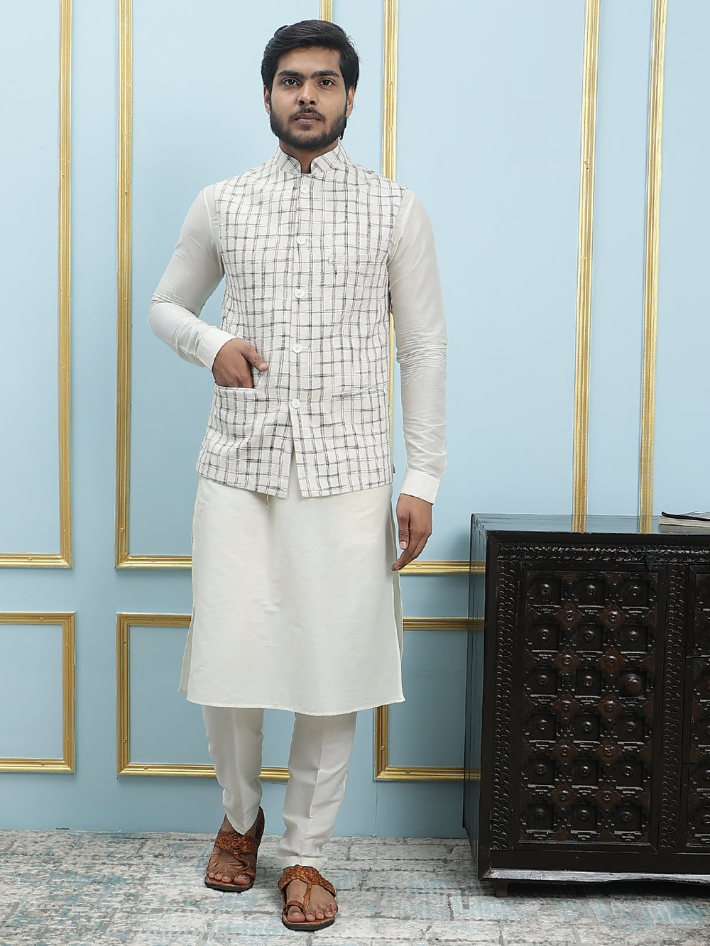 Solid Handwoven Pure Cotton Nehru Jacket – Cream