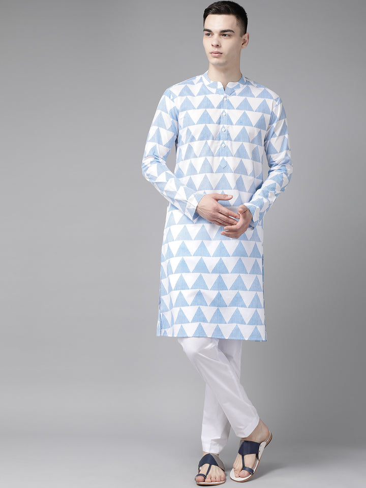 Men White & Blue Stripe Printed Straight Kurta With Pyjama