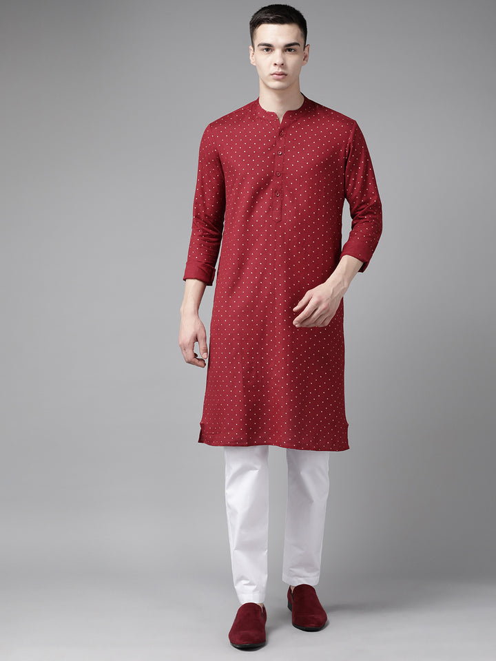 Men Maroon & Gold Printed Straight Kurta With Pyjama