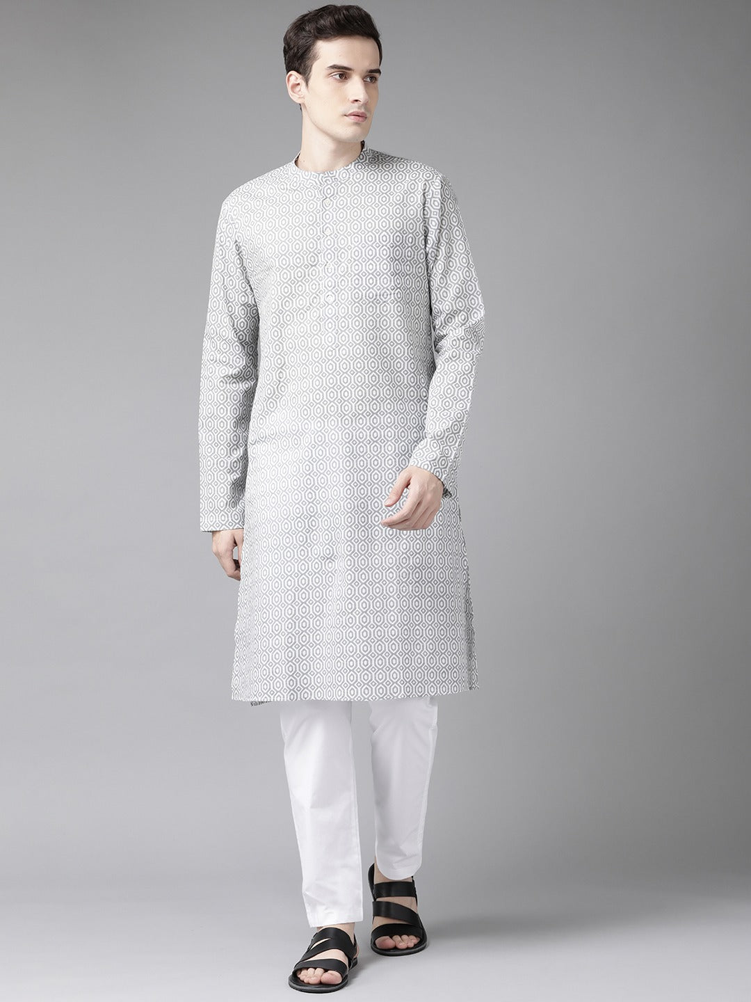 Men White & Grey Printed Straight Kurta With Pyjama
