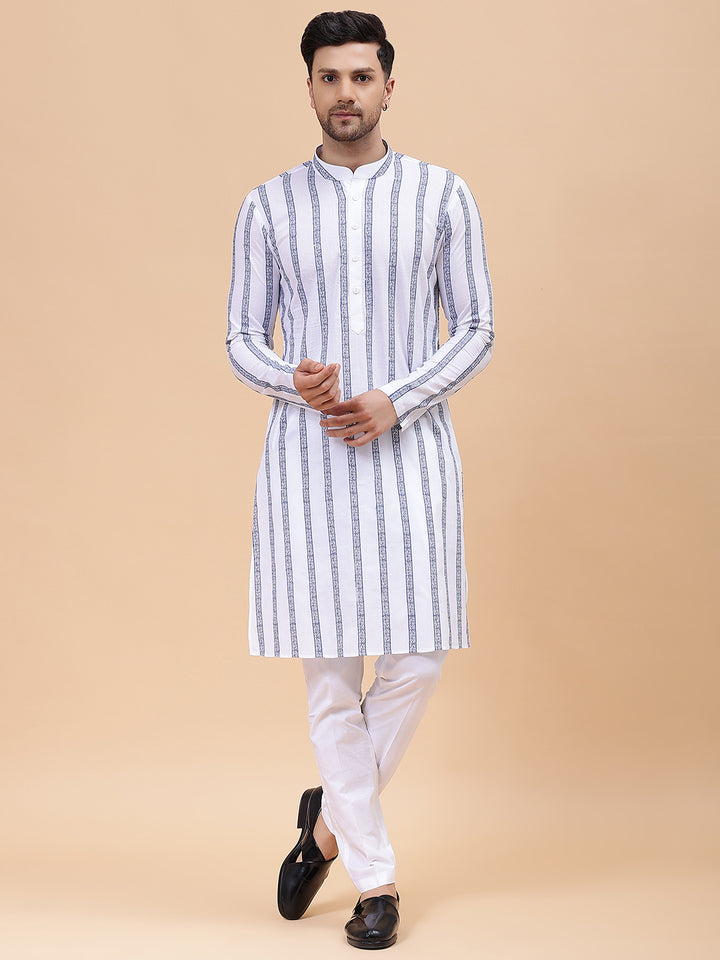 Men White & Grey Pure Cotton Embroidered Straight Kurta