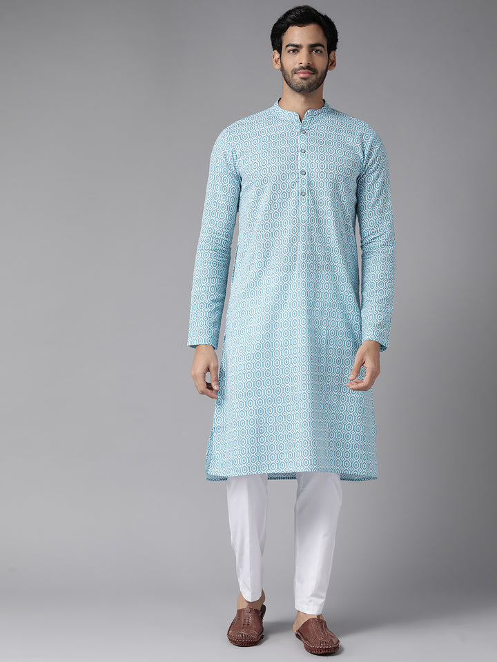 Men Blue-Coloured & White Printed Pure Cotton Straight Kurta With Pyjama