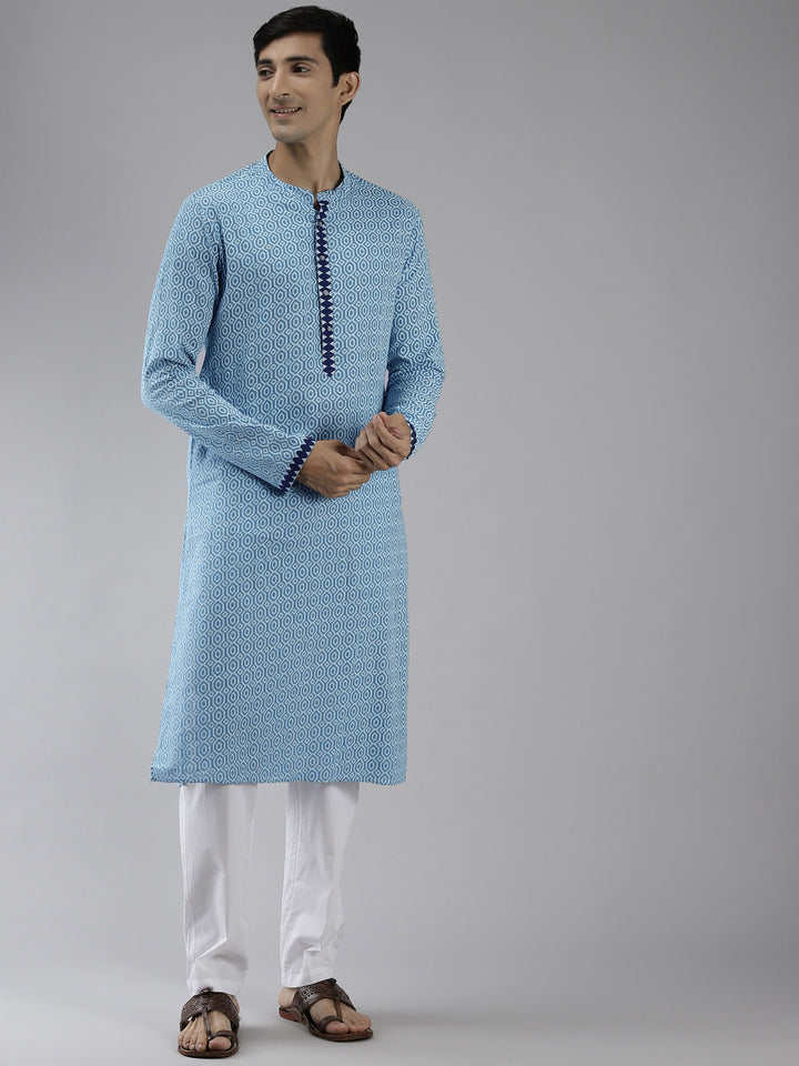 Men Blue And White Printed Straight Kurta