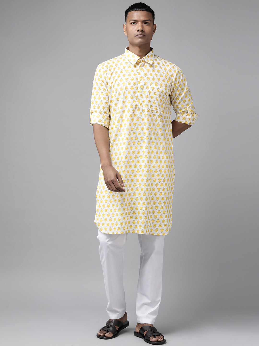 Men Yellow Regular Pure Cotton Pathani Kurta with white Salwar