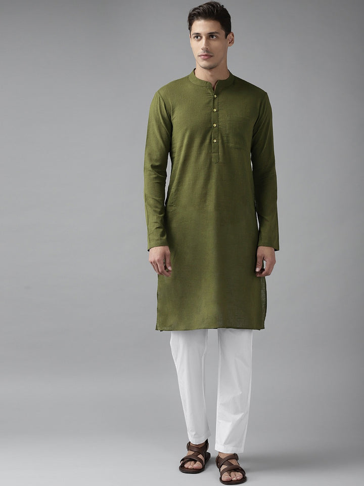 Men Olive Green Cotton Slub Straight Kurta with Pyjama