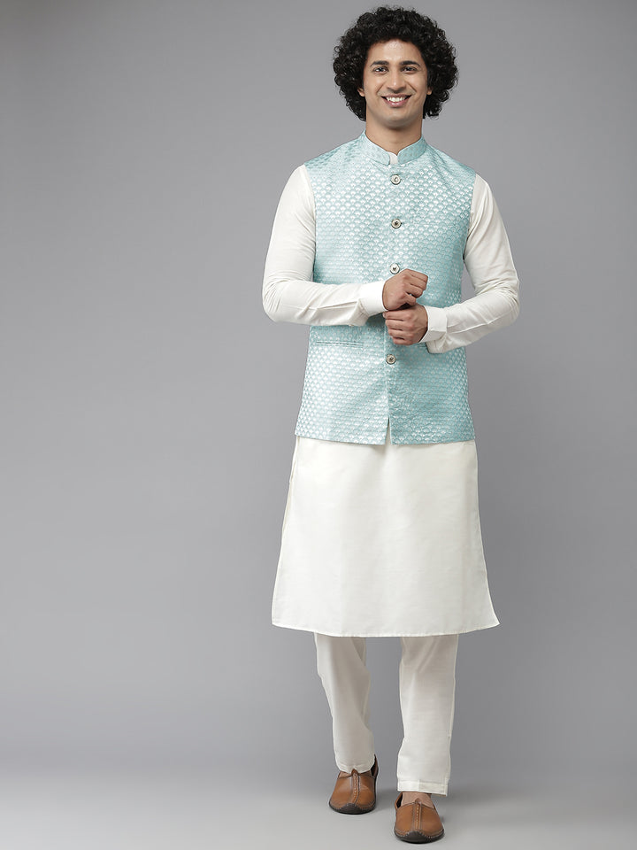 Men Sky Blue & White Woven Jacquard Nehru jacket