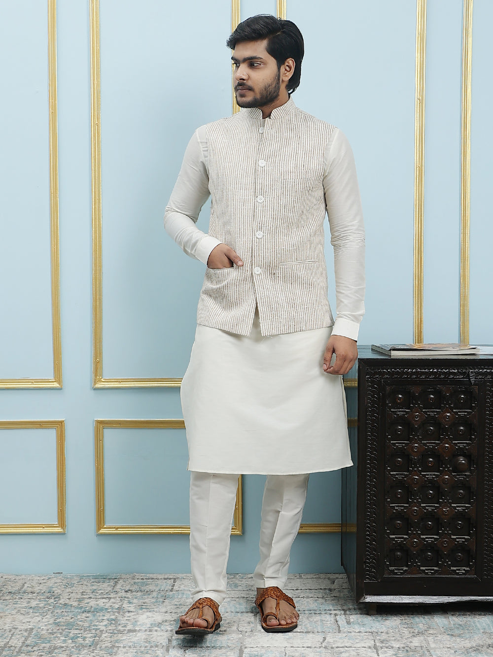 Solid Handwoven Pure Cotton Nehru Jacket – Cream