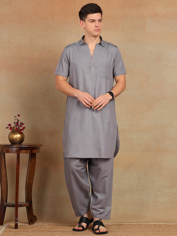 Men's Solid Grey Pathani Kurta with Salwar