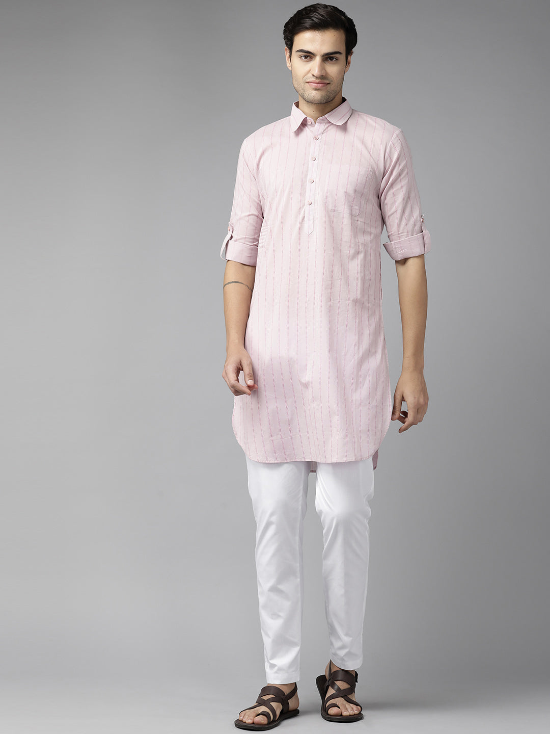 Men Baby Pink Regular Pure Cotton Pathani Kurta with white Salwar