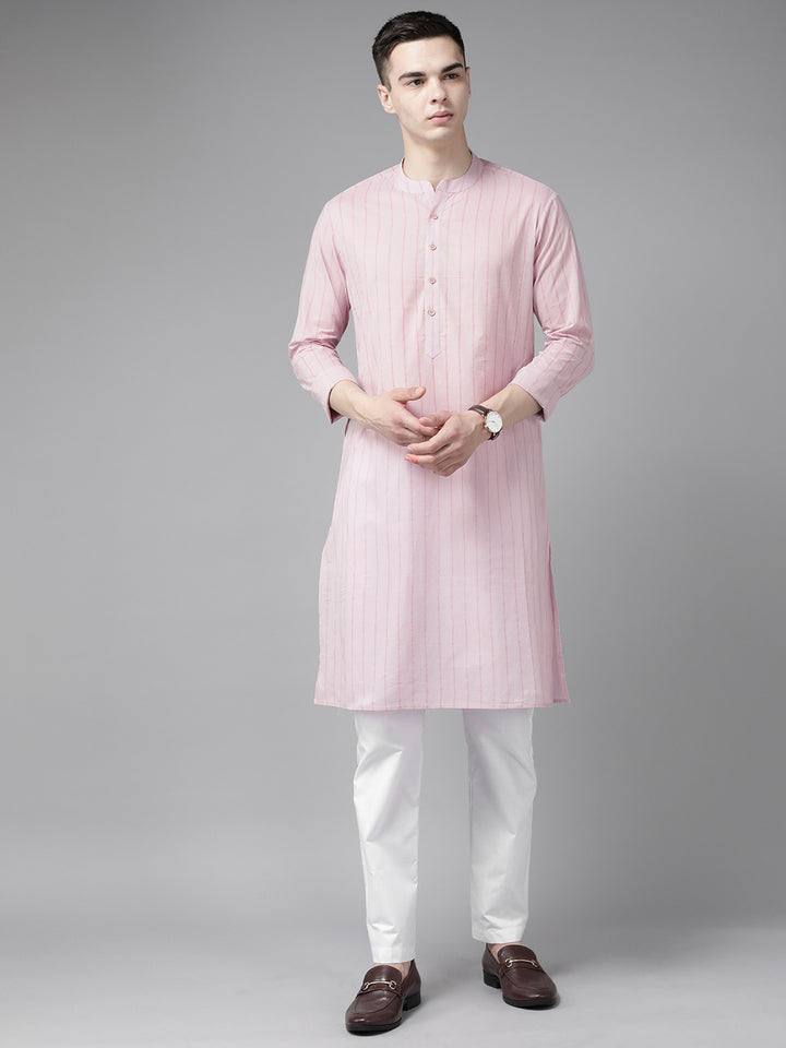 Men Pink & Maroon Stripe Printed Straight Kurta With Pyjama