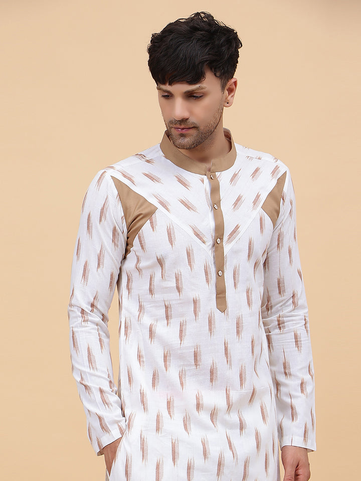 White Ikat Printed Kurta With Pyjama
