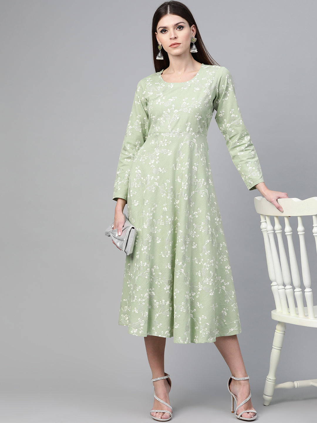Pastel Green & White Khari Printed Flared Dress